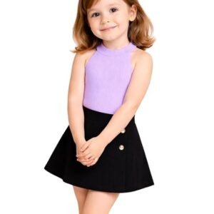 Girls Acrylic Fabric Sleeveless Ribbed Top & Button Skirt Set | Stylish Casual Co-Ord Outfit for Girls Comfortable Fashion Dress