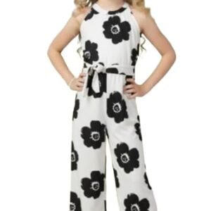 A.T.U.N. (ALL THINGS UBER NICE) Girls Printed Poly Silk Jumpsuit with Tie-Up Belt | Stylish Sleeveless One-Piece Outfit for Kids | Trendy Comfortable Wear for Parties Functions & Photoshoots