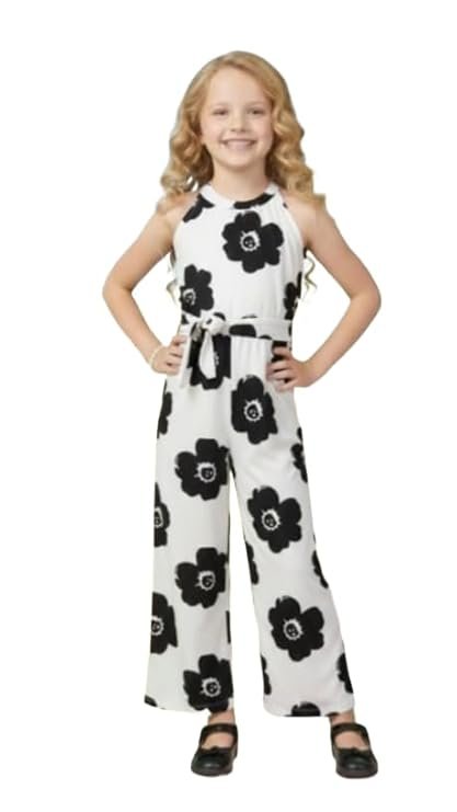 A.T.U.N. (ALL THINGS UBER NICE) Girls Printed Poly Silk Jumpsuit with Tie-Up Belt | Stylish Sleeveless One-Piece Outfit for Kids | Trendy Comfortable Wear for Parties Functions & Photoshoots