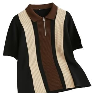 AUSK Men's Retro Cable-Knit Quarter-Zip Polo | Premium Textured Self-Design Half Sleeve T-Shirt for Men